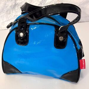 VTG Fiorucci Y2K Blue & Black Patent Mini Bowler Bag Retro Italian Vinyl Handbag